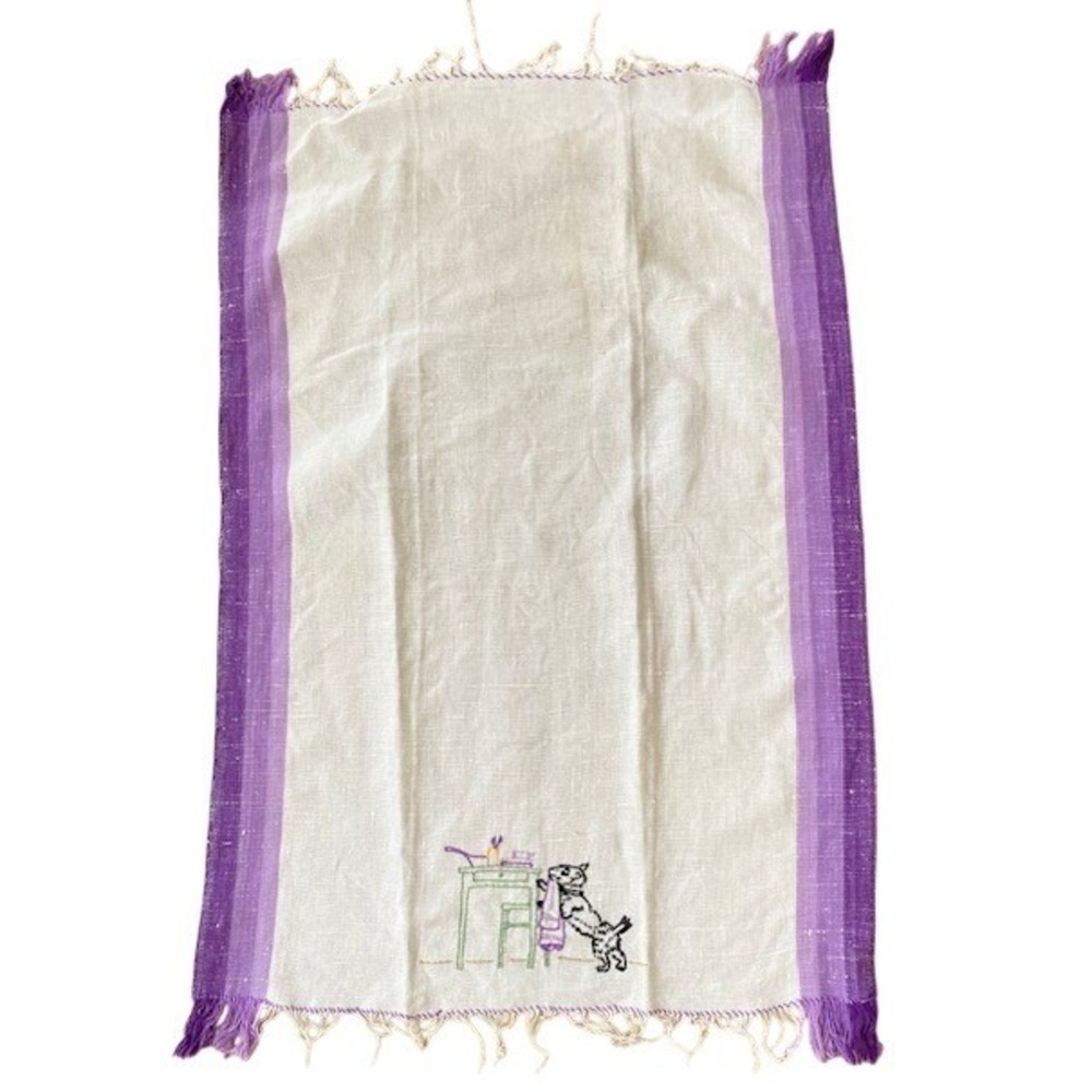 Hand Embroidered Dog Kitchen Tea Towel Linen Purple Stripe Fringe Retro MCM